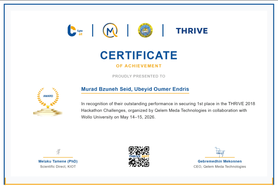 THRIVE 2018 Hackathon Certificate